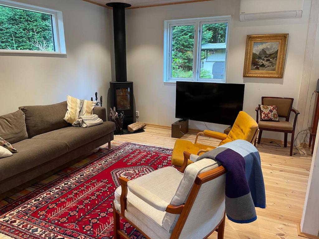 Munka-LjungbyにあるCabin within walking distance of Västersjönのソファと薄型テレビのあるリビングルーム