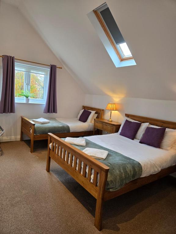 a bedroom with two beds and a window at Farthing Cottage in Norwich