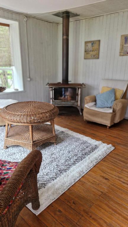 ネルトゥメにあるCabaña Huilinのテーブルと暖炉のあるリビングルーム