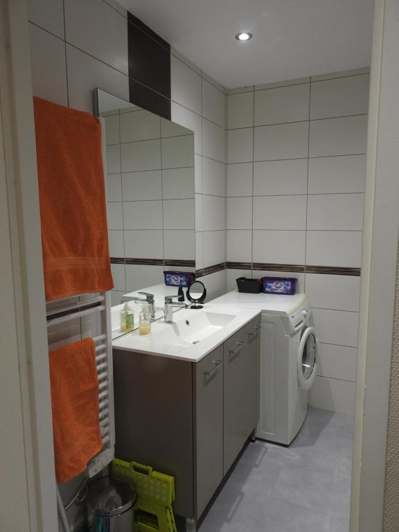 a bathroom with a sink and a washing machine at Maison Lac de Chalain - Jura in Fontenu