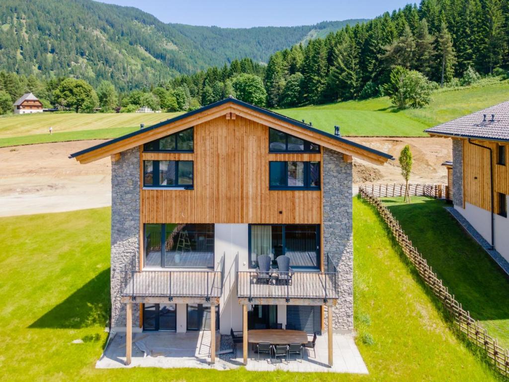 an aerial view of a house with a deck at Grebenzen Lodge Starnberg 60B in Sankt Lambrecht