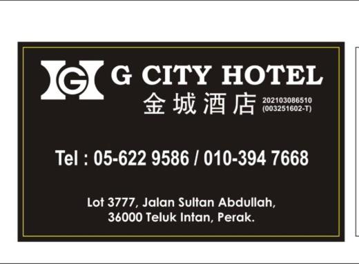 Un letrero del hotel Ag City con texto escrito. en Gcity hotel, en Teluk Intan