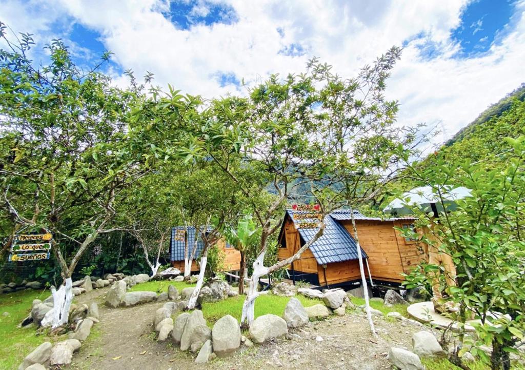 a cabin with trees in front of a mountain at Glamping Miramelindo in Río Verde