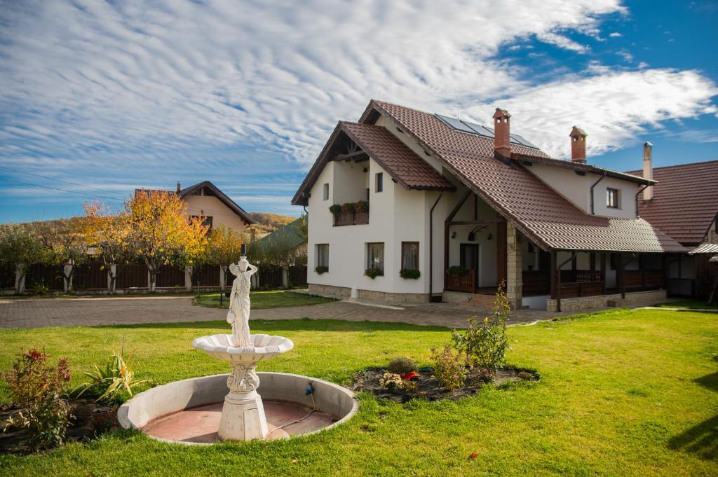 a house with a fountain in front of a yard at Craii Neamtului in Almaş