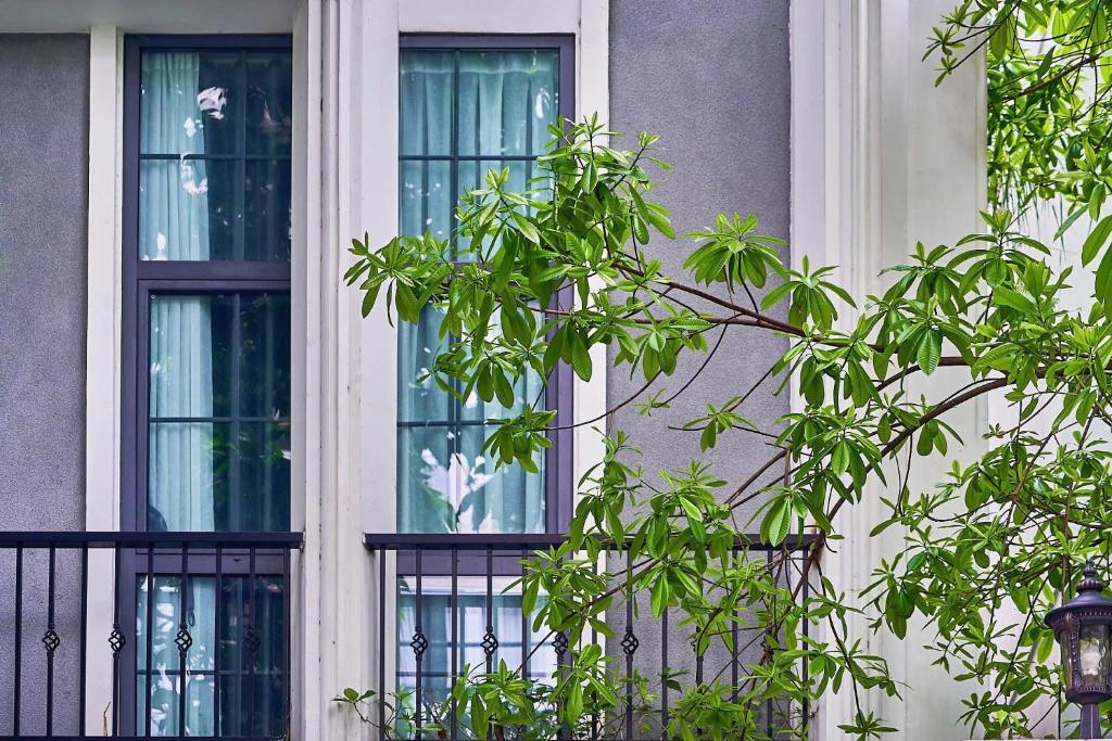 a building with four windows and a tree at An Lac Hotel in Ho Chi Minh City
