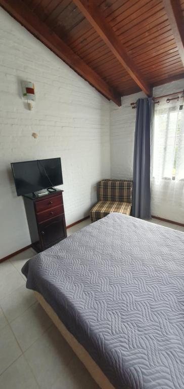 a bedroom with a bed and a flat screen tv at Hermosa casa con piscina en Bella Vista Piriápolis a 2 c de la playa in Bella Vista