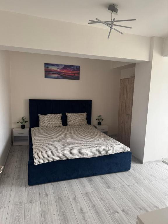 a bedroom with a bed and a ceiling fan at Garsoniera centru in Craiova