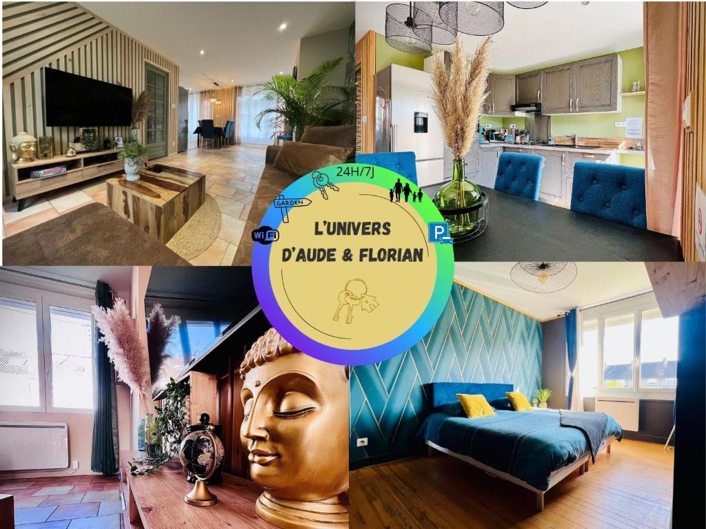 a collage of pictures of a living room and a kitchen at Maison des Sens in Saint-Omer