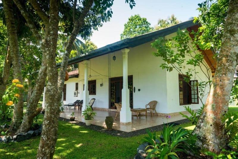 a white house with trees in the yard at Magnoon in Hikkaduwa