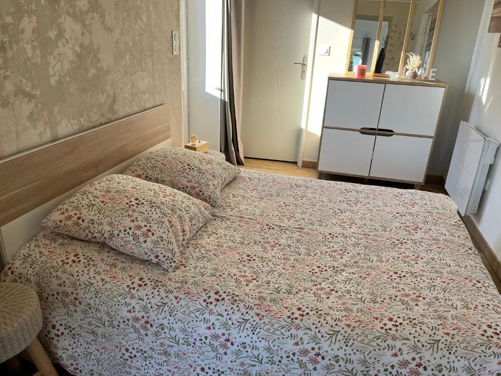 a bedroom with a bed with two pillows on it at Gîte avec vue imprenable sur la campagne in Courgains