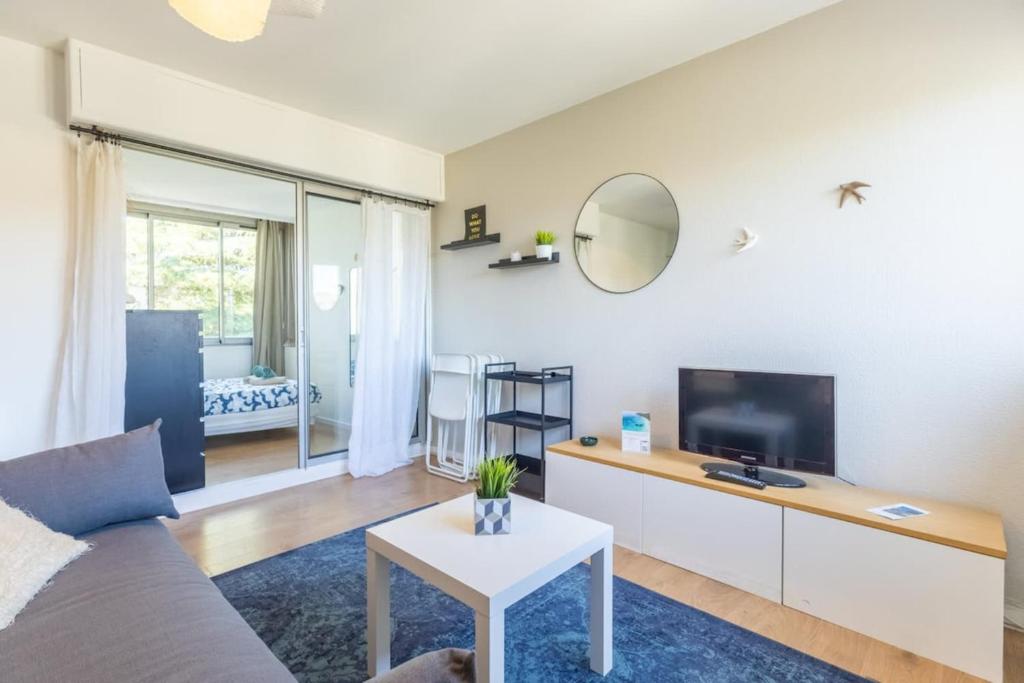 ein Wohnzimmer mit Sofa und Fernseher in der Unterkunft Magnifique T2 - Centre Sanary & Parking privé - Senaya in Sanary-sur-Mer