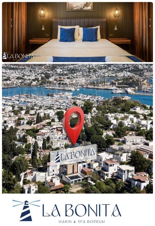 a poster for a hotel in la bonita with a city at La Bonita Marina Hotel Bodrum in Bodrum City
