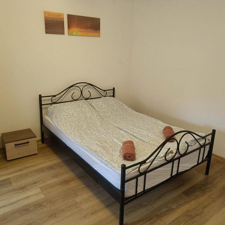 Schlafzimmer mit einem Bett mit Metallrahmen in der Unterkunft Hunedoara Central Stay in Hunedoara