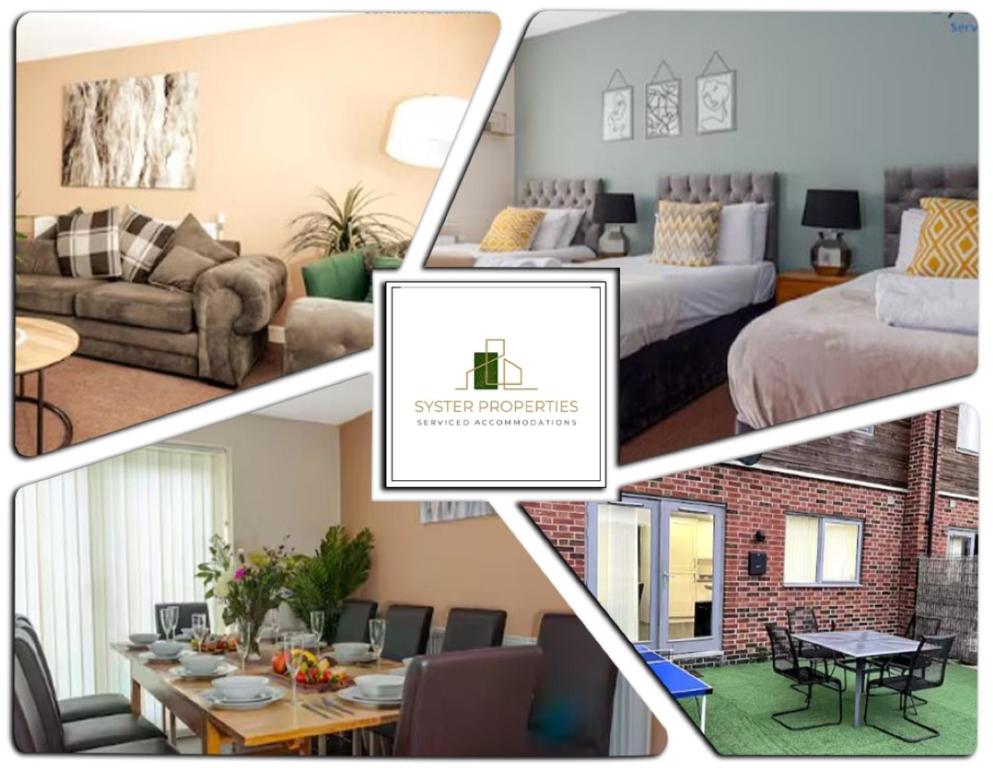 een collage van vier foto's van een woonkamer bij Quiet & Comfortable Leicester Stay, Glen View, Free Parking in Leicester