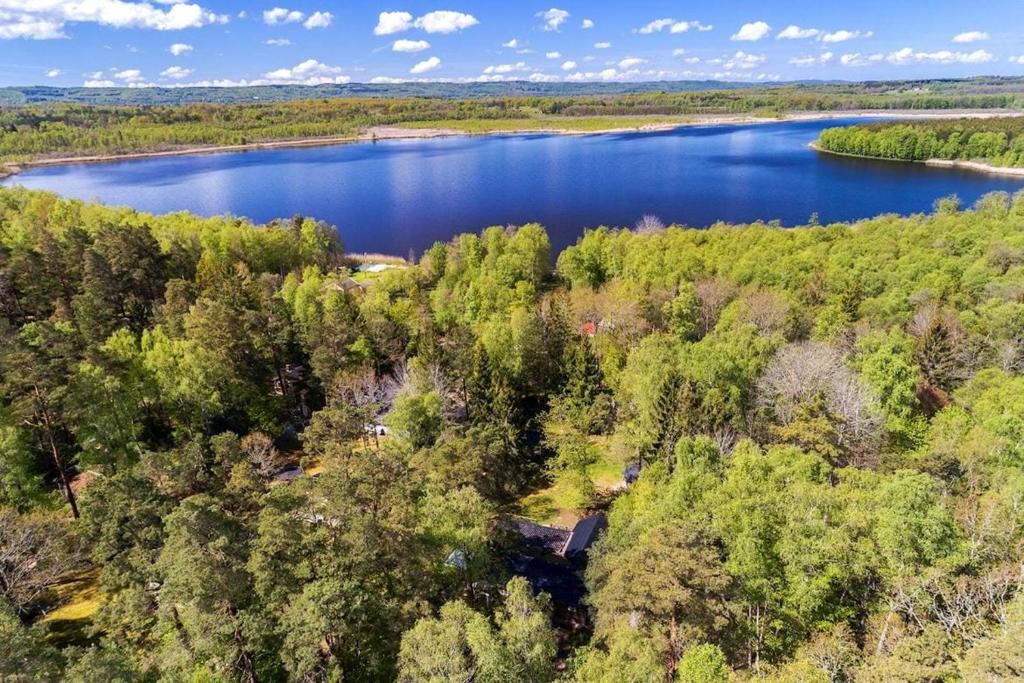 an aerial view of a lake in the woods at Beautiful and private with heated pool & hot tub in Ljungbyhed