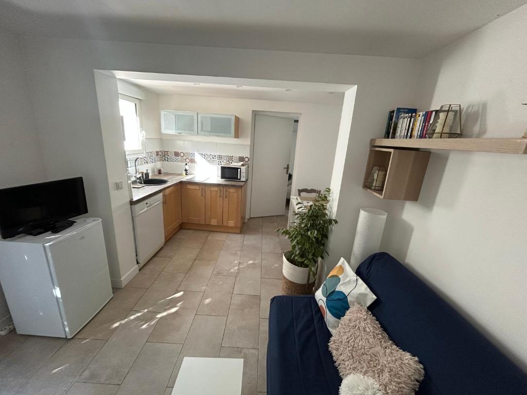 een woonkamer met een blauwe bank en een keuken bij Two rooms with 30 m2 garden in villa in Cagnes-sur-Mer