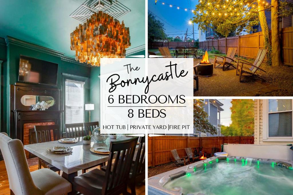 a collage of pictures of a backyard with a table and a pool at 6br New Orleans Speakeasy Hot Tub & Playground in Louisville