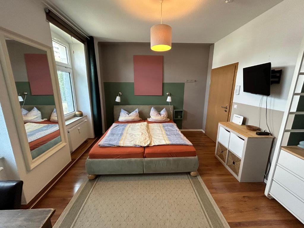 een slaapkamer met een bed en een televisie. bij Brandt Apartments in Erfurt