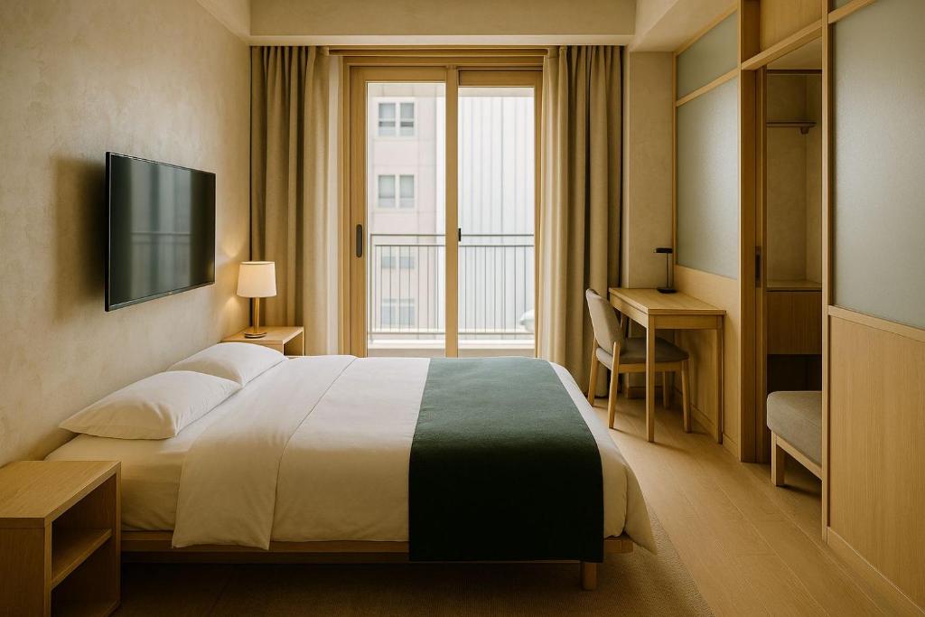 a hotel room with a large bed and a window at Serokan The Anami in Cai Be