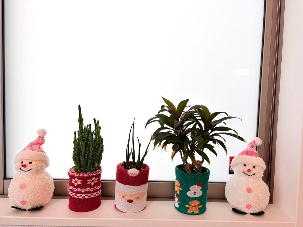 Un estante con plantas en macetas, muñecos de nieve y plantas en Naha Airport, beaches, shopping centers are nearby #NewVilla, en Itoman