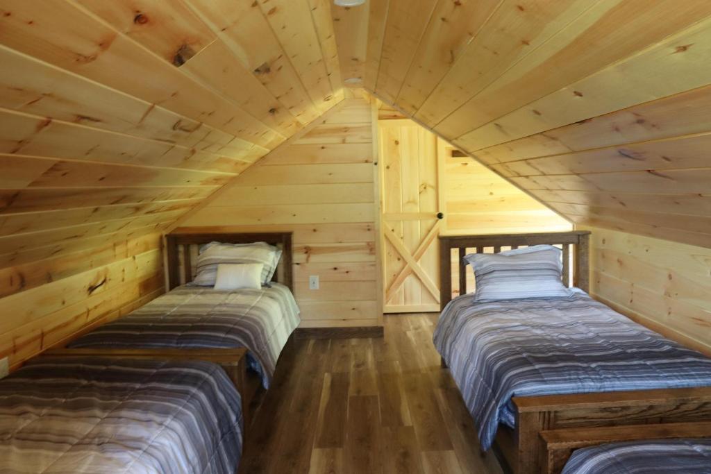 Beaver DamsScenic Mountain Lodge的小木屋设有两张木墙床
