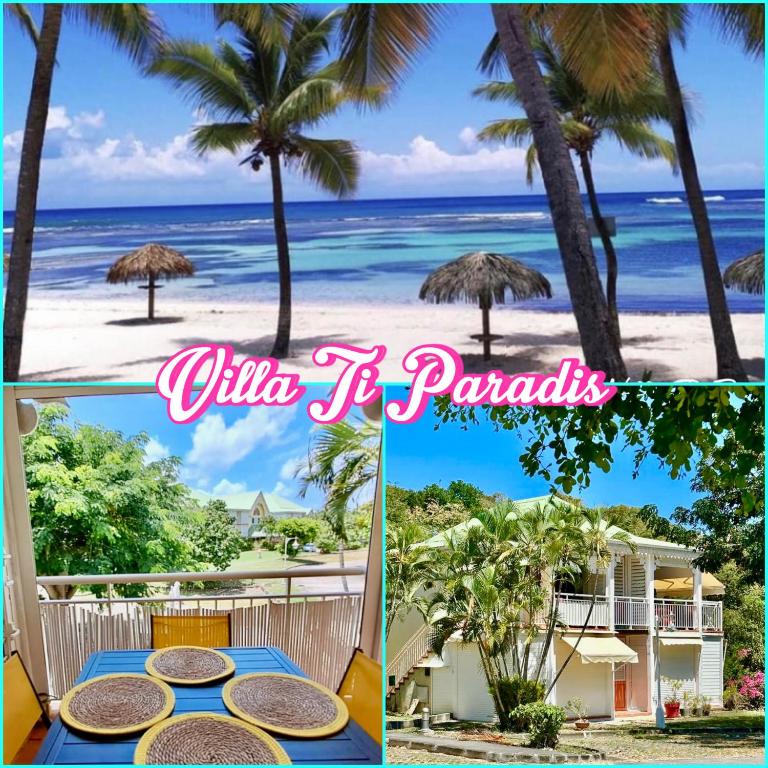 a collage of photos of a beach with a table and palm trees at VILLA Ti Paradis ANSE DES ROCHERS in Saint-François