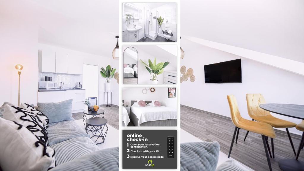 a collage of photos of a living room and dining room at nestup - Zentrales Apartment mit Boxspringbetten, Smart-TV und ausgestatteter Küche in Kassel