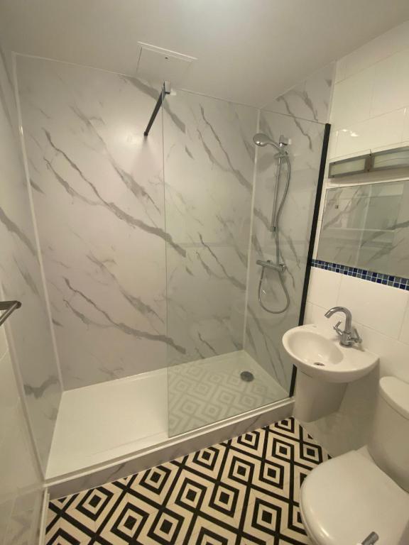 a bathroom with a shower and a toilet and a sink at Polmear Harbour View With Terrace in Looe
