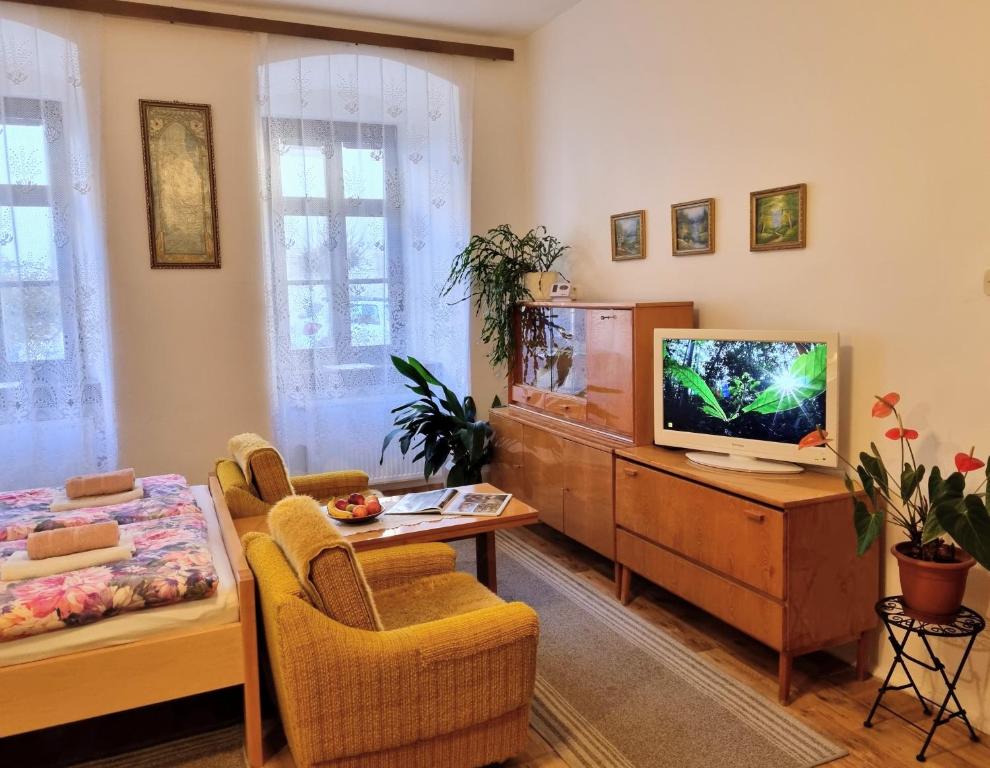 a living room with a tv and a couch and a table at Apartment in a historical house in the center of Levoča in Levoča