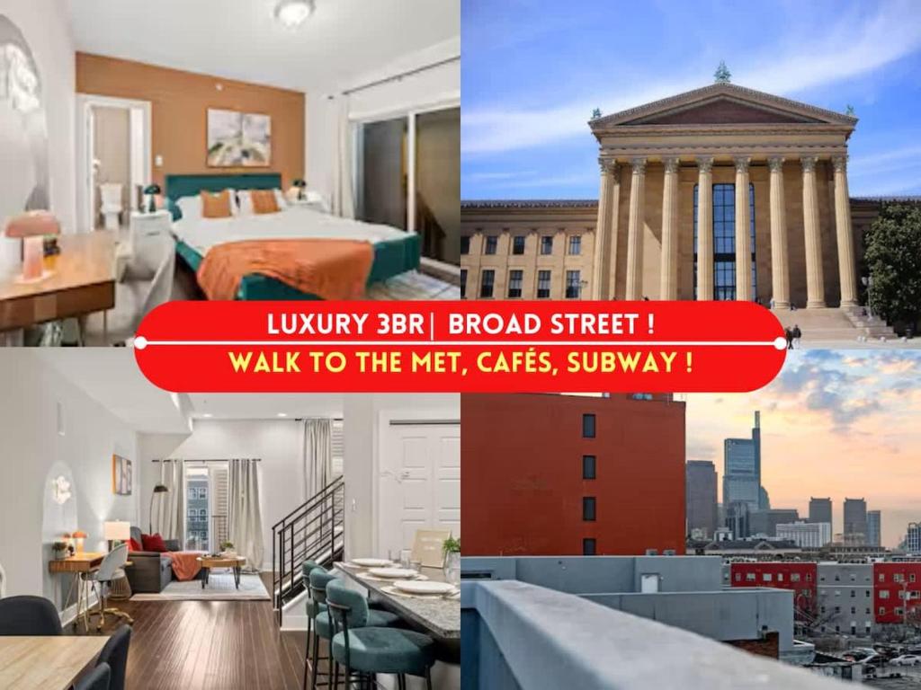 een collage van drie foto's van een hotelkamer bij Luxury 3BR Rooftop Apartment Walk to MET and Metro in Philadelphia
