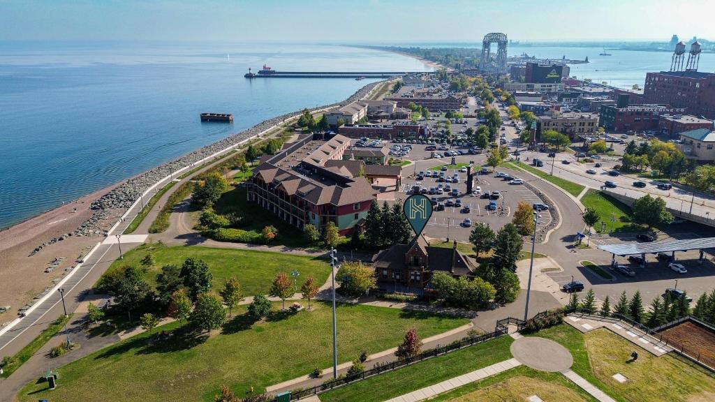 an aerial view of a town next to the water at Endion Station Inn by Heirloom Boutique Collection in Duluth