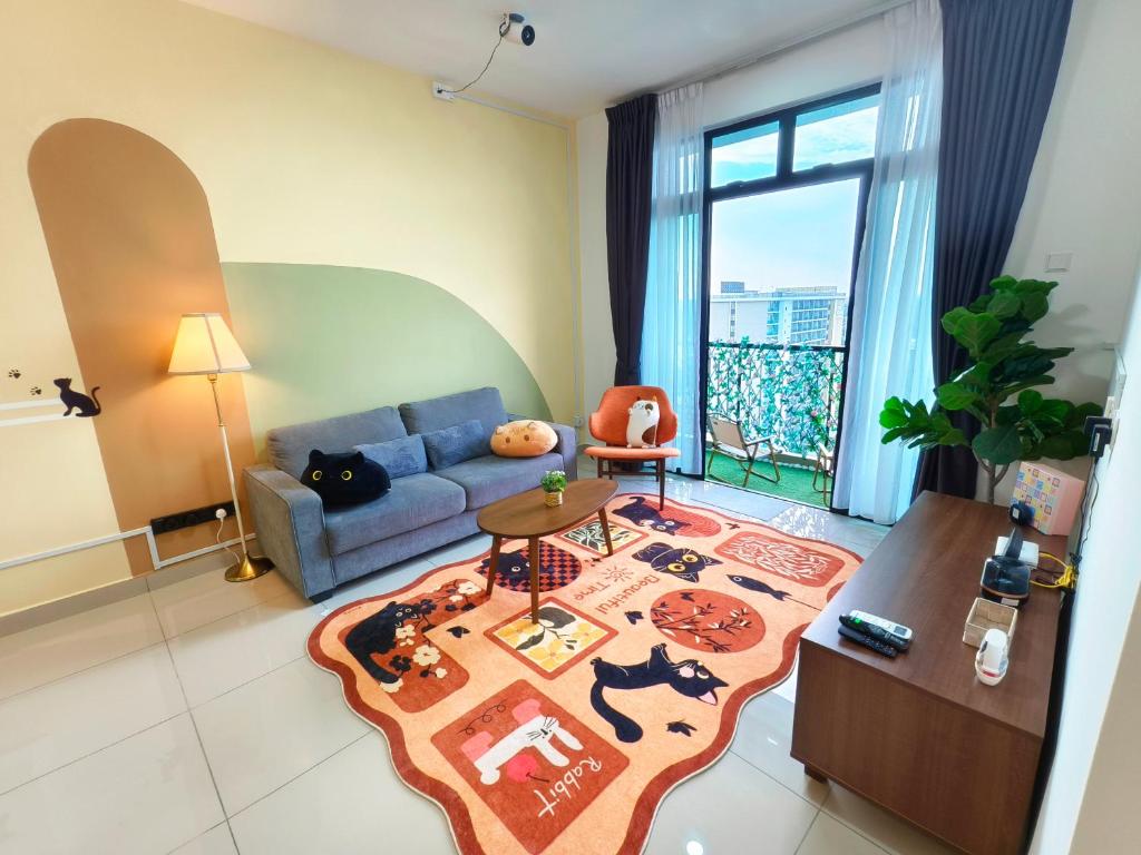 Χώρος καθιστικού στο Desaru Meow Cat Theme 3BR Kids Frv 8pax Pet Friendly, 2 Cpark Netflix I Highest Floor Unblock View