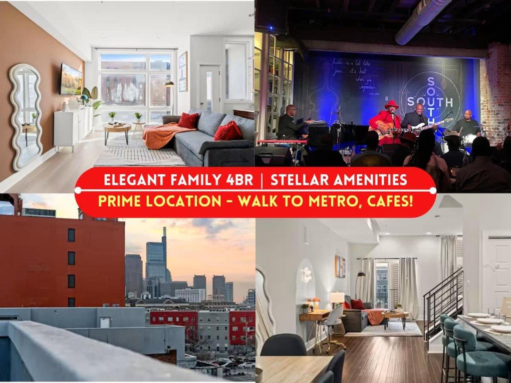 een collage van foto's van een woonkamer met een stad bij Modern 4BR City Escape Steps to MET & Subway Rooftop View in Philadelphia