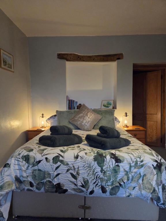 a bedroom with a bed with two pillows on it at Rainors farm B&B in Gosforth