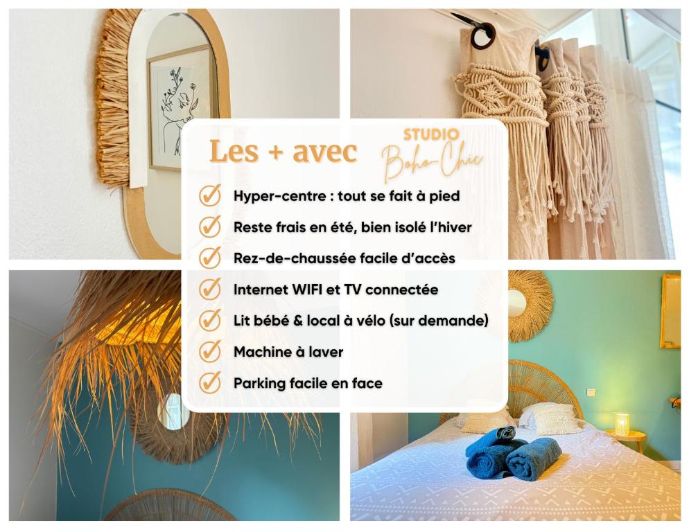 a collage of pictures of a room with a mirror at Studio Boho-Chic en centre ville in Moulins