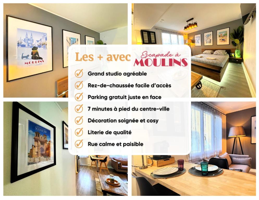 een collage van foto's van een woonkamer bij Escapade à Moulins, Studio élégant Rez-de-Chaussée et Parking gratuit in Moulins