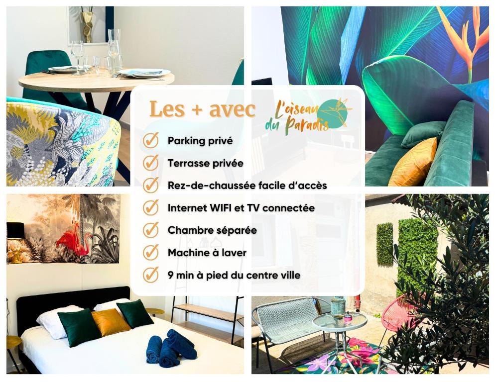 een collage van foto's van een kamer met een bord bij L'Oiseau du paradis, entre gare et centre ville, rez-de-chaussée, avec terrasse et parking privé in Moulins