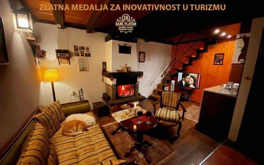 a living room with a couch and a fireplace at Brvnare - Ranč Platan in Vrdnik