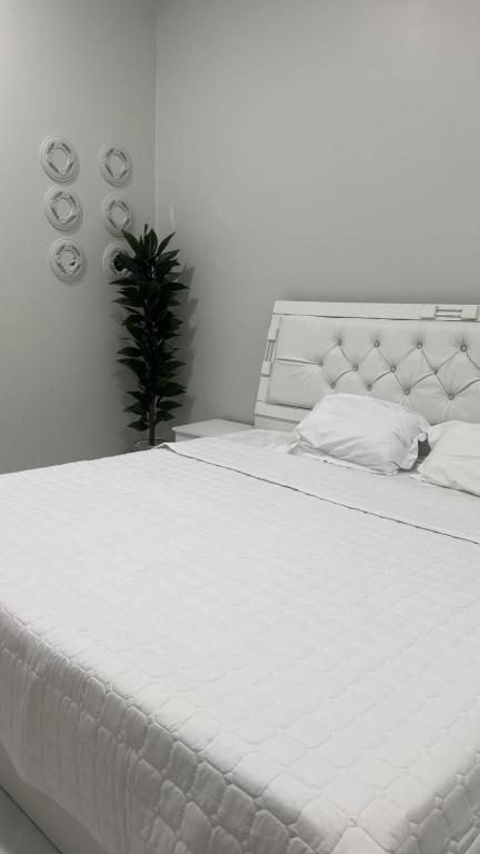 ein großes weißes Bett mit einer Pflanze in einem Schlafzimmer in der Unterkunft استديو انيق وجديد بدخول ذاتي 2 in Buraida