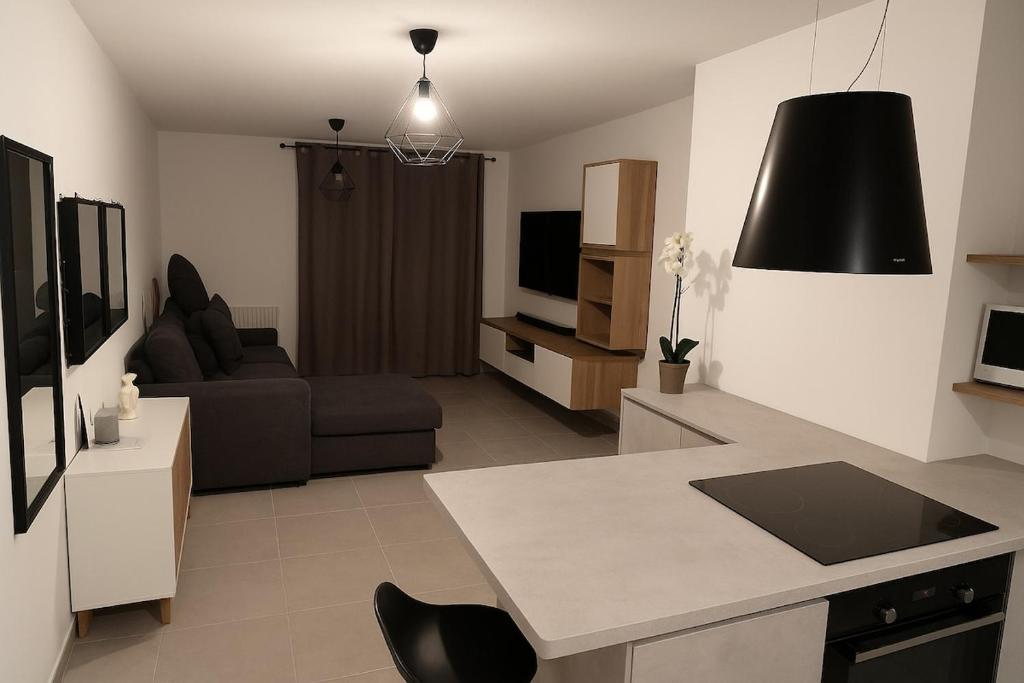 a kitchen and living room with a couch and a table at Villeurbanne la soie - Rhône express in Villeurbanne