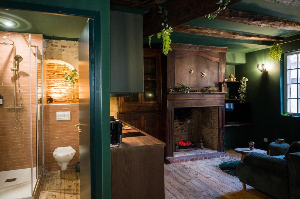 sala de estar con chimenea y paredes verdes en Le Sous-Bois, une parenthèse nature, en Bergerac