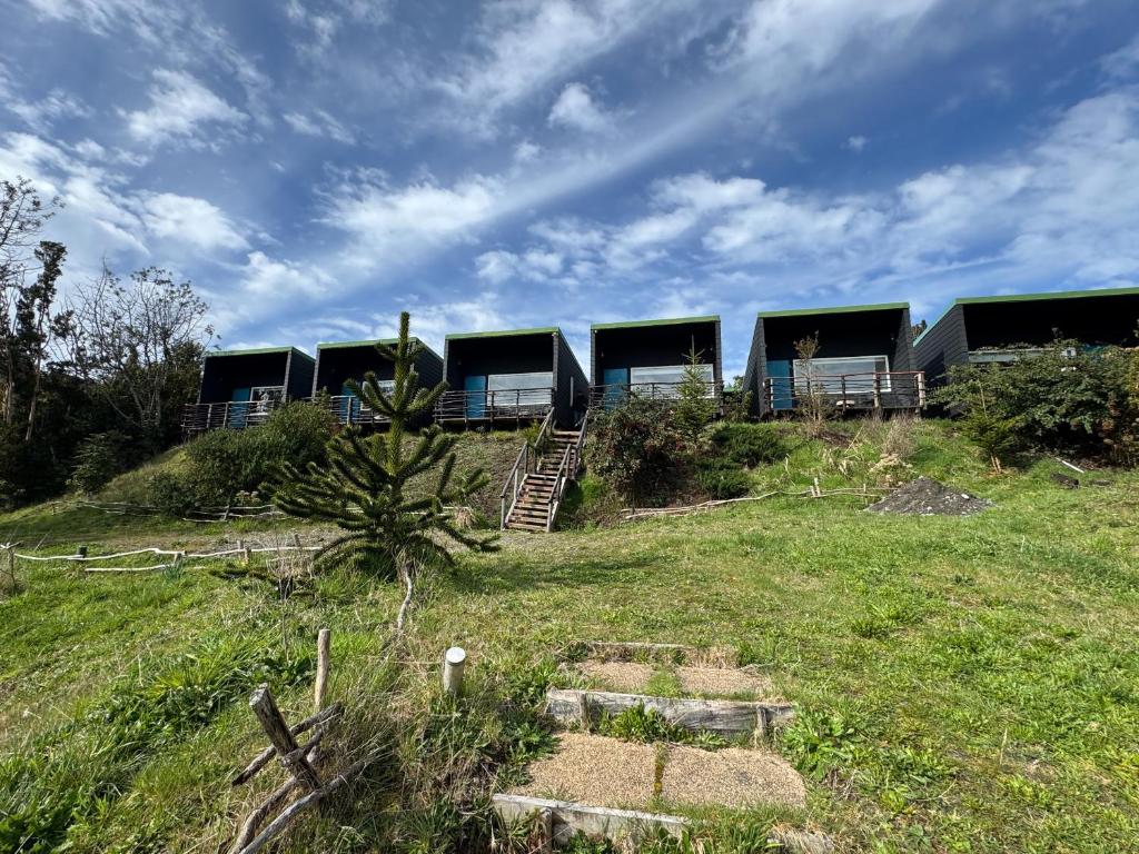 una hilera de casas sobre un campo de hierba en Huillín Lodge, en Huillinco