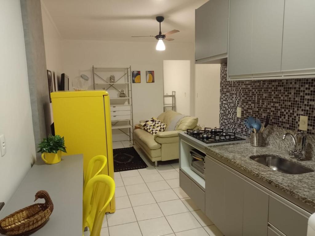 a kitchen with a sink and a couch in a room at Lugar encantado - Apartamento in Brasilia