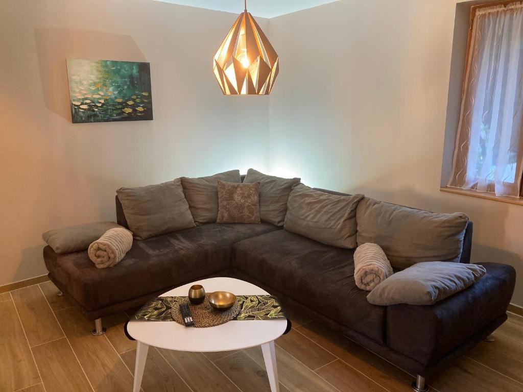 een woonkamer met een bruine bank en een tafel bij Eulia, A l'Orée des Vignes in Orschwiller