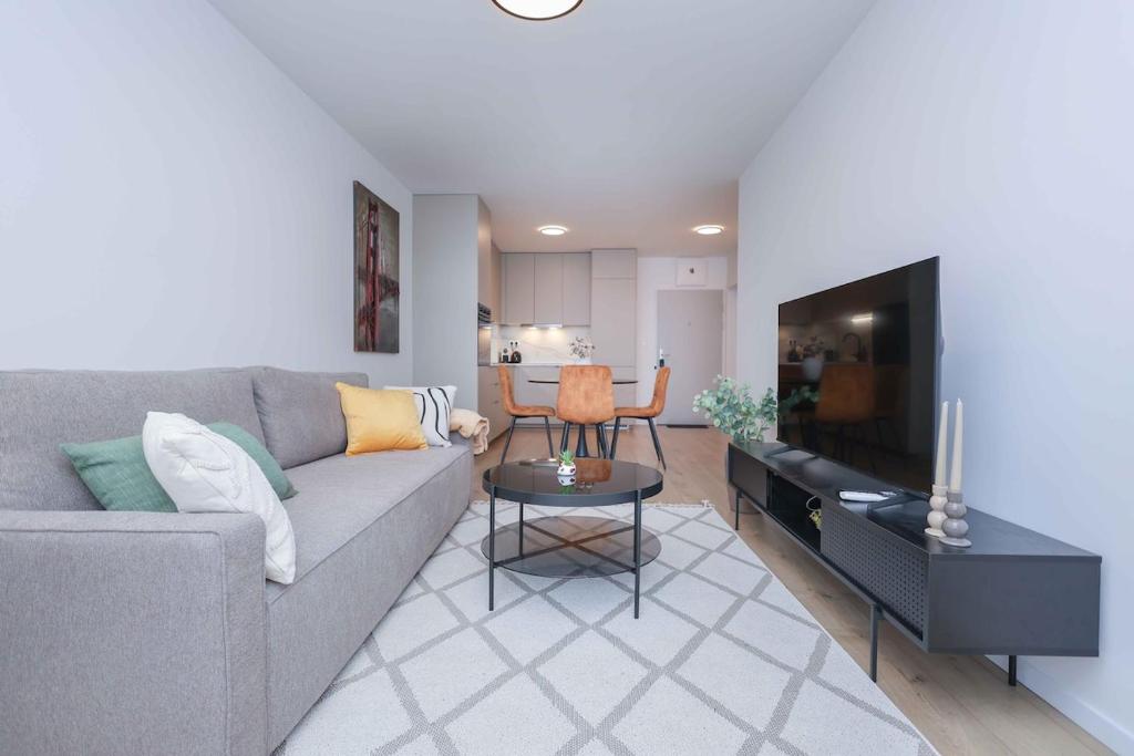een woonkamer met een grijze bank en een tv bij Modern Apartment near Lake & Free parking & Easy City Access in Bratislava