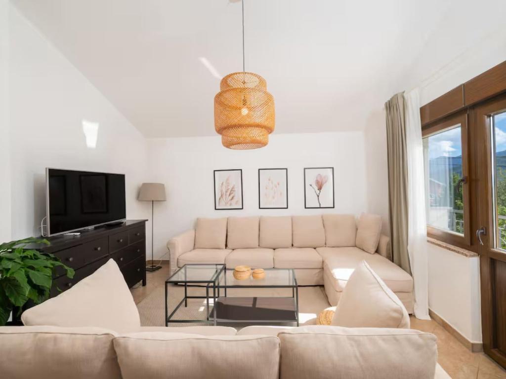 een woonkamer met een bank en een tv bij Five Bedroom Villa With Pool in Opanci