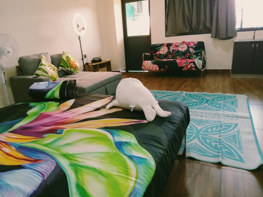 VaiteleにあるSamoa FINAU 685 Accomodationsの白い猫がソファに横たわっているリビングルーム