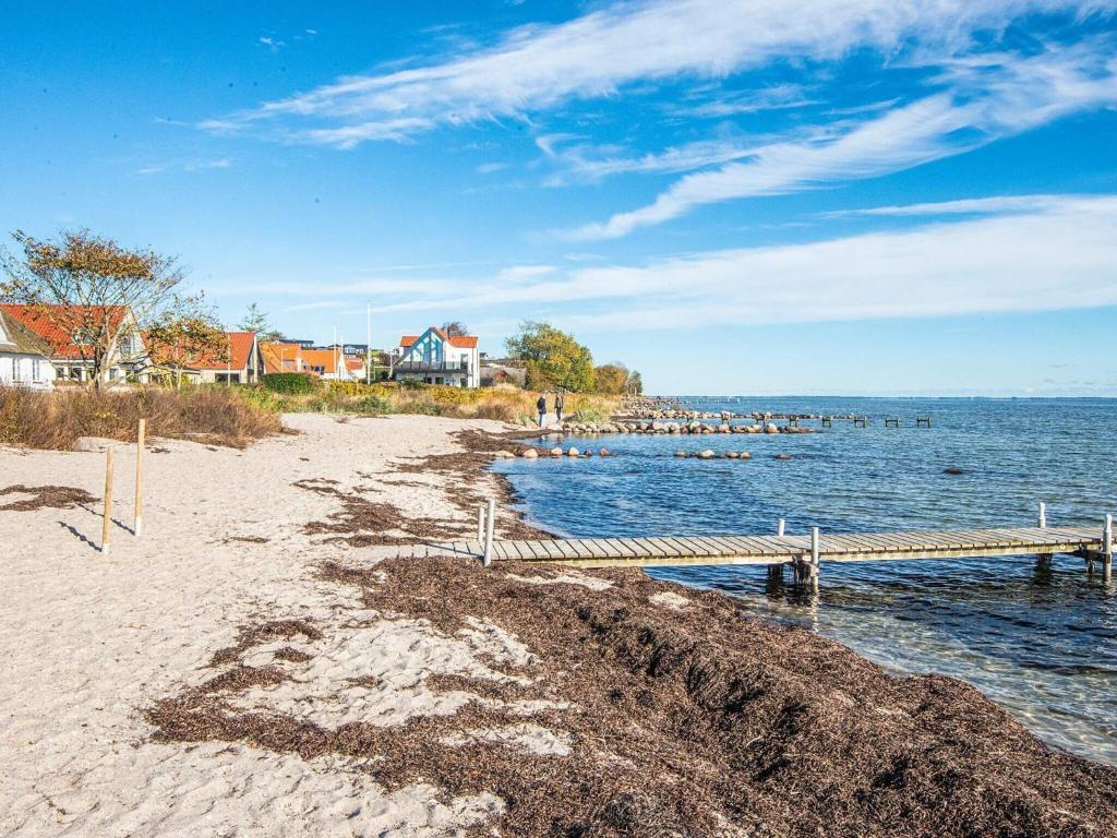 une plage de sable avec un quai dans l'eau dans l'établissement 4 person holiday home on a holiday park in Hejls, à Hejls