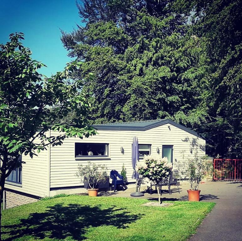 een kleine witte schuur met een raam in een tuin bij Ferienchalet Flößwehrtal in Bad Lauterberg