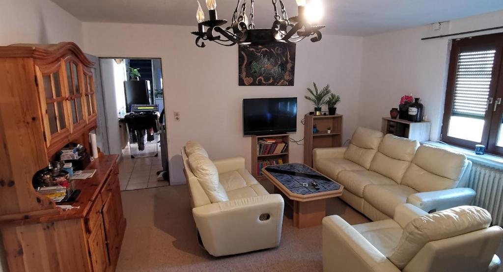 a living room with a couch and a tv at Ganze 95qm Wohnung mit 4 Schlafzimmern, privater Komfort Küche, Bad, WC und Wohnzimmer, mit Gratis Frühstück und Parkplatz, mit Garten, so privat wie zu Hause in Kassel